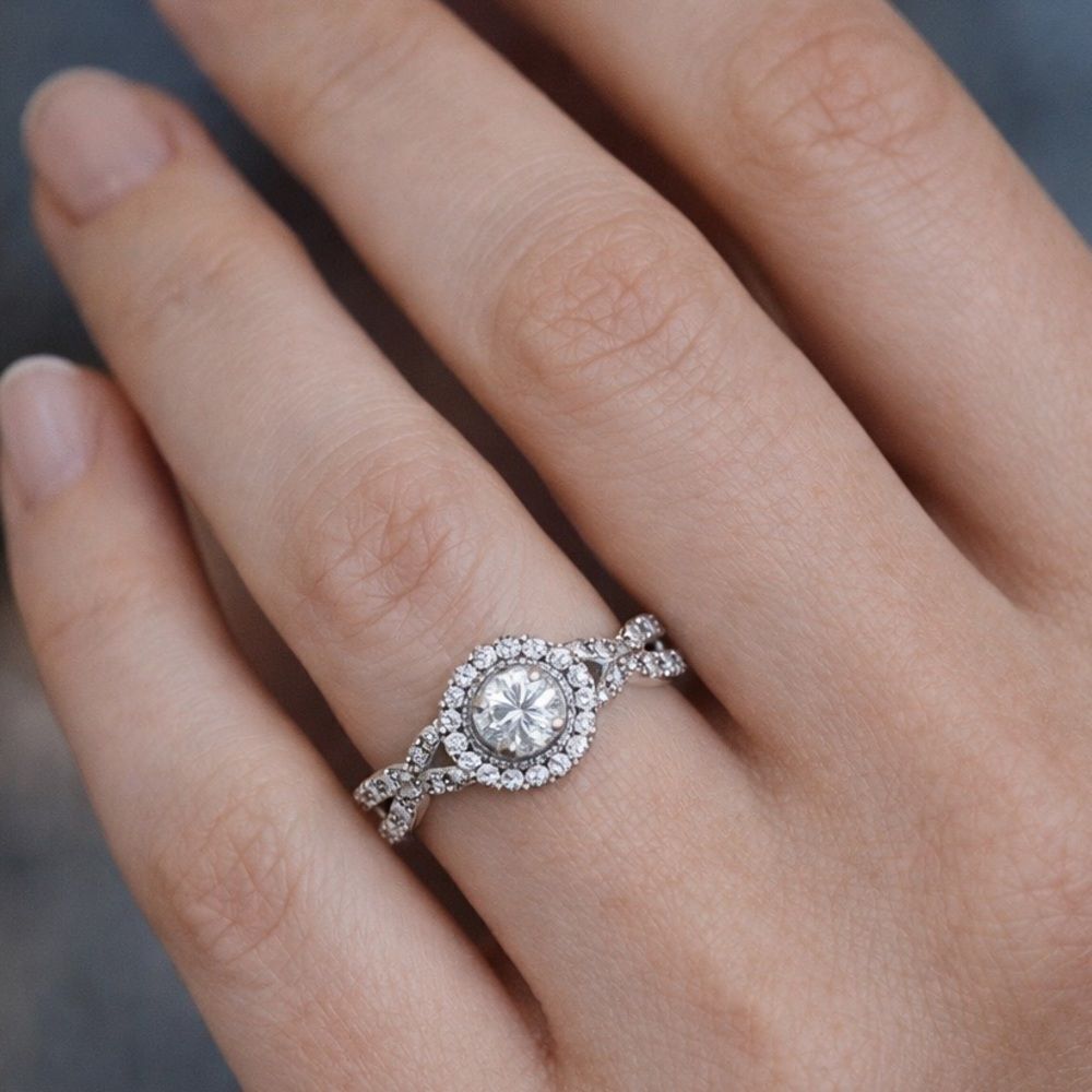 14K White Gold Crisscross Shank Genuine Diamond Halo Engagement Ring
